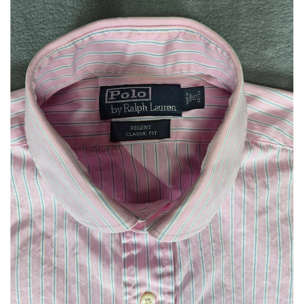 Polo Ralph Lauren Regent Classic Fit Pink Blue Striped Dress Shirt Mens 15 32/33